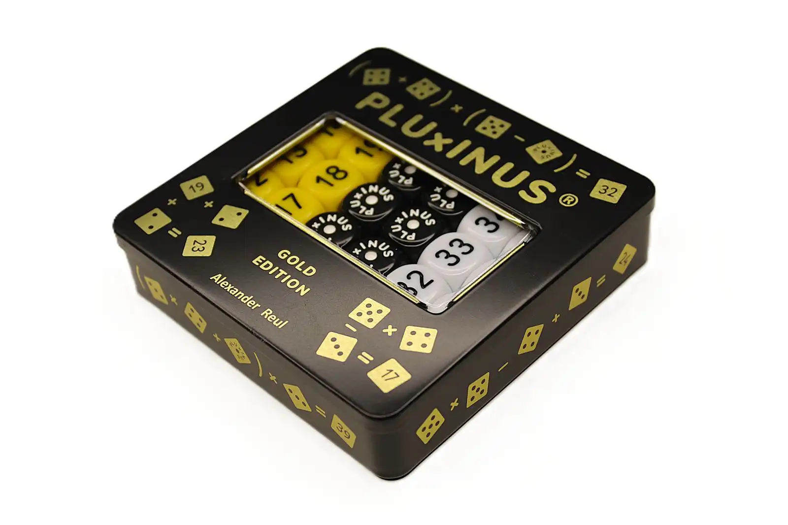 PLUxINUS Gold Edition - das Würfel- und Rechenspiel Metallbox mit 30 Würfeln und Beutel